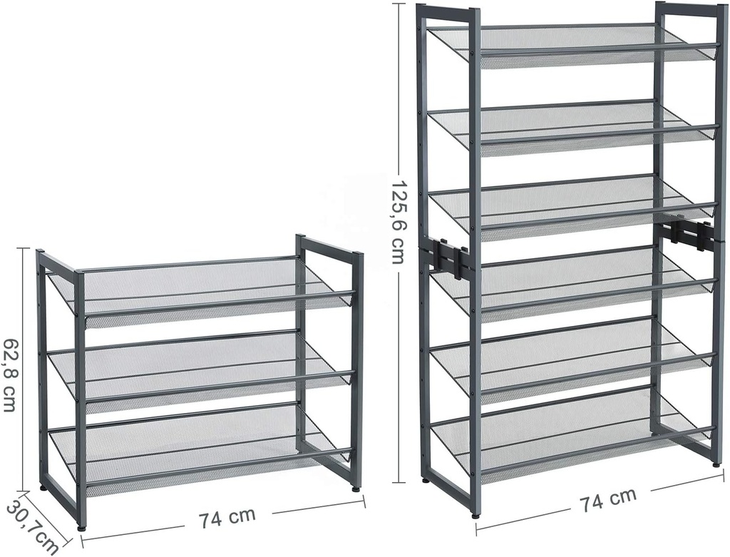 SONGMICS 3 Katlı Metal Ayakkabı Rafı, Fileli Raf, Ayarlanabilir Koyma Alanlı Düz veya Açılı Raf Zeminleri, Koridor, Giriş Alanı İçin Istiflenebilir Depo Rafı, 74x62,8x30,7 cm, Koyu Gri, Lmr03Gb