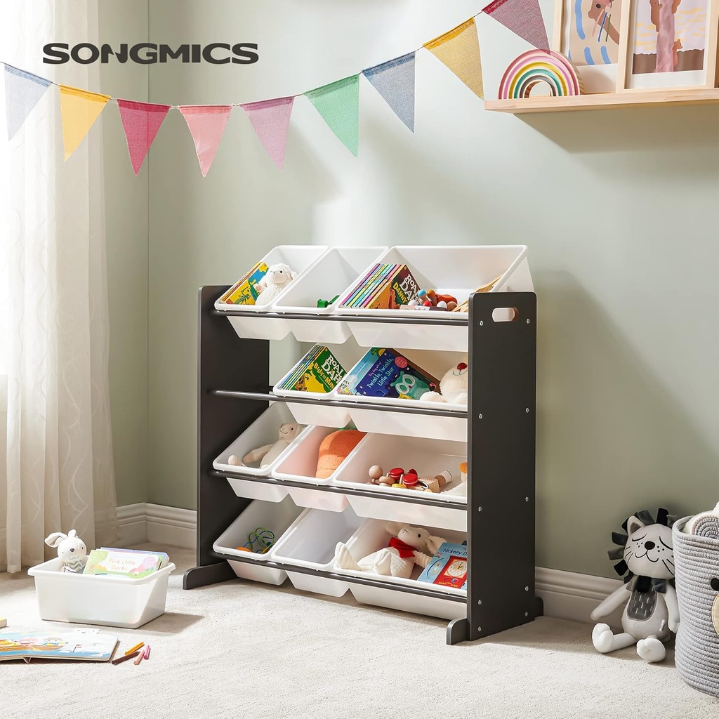 Songmics Çocuk Odası Rafı, Oyuncak Düzenleyici, Çocuklar için Ayakta Raf, Pp Plastikten Yapılmış 12 Saklama Kutusu, Çocuk Odası, Okul, Kreş, 86 X 26.5 X 78 cm, Koyu Gri-Beyaz Gkr04Gy