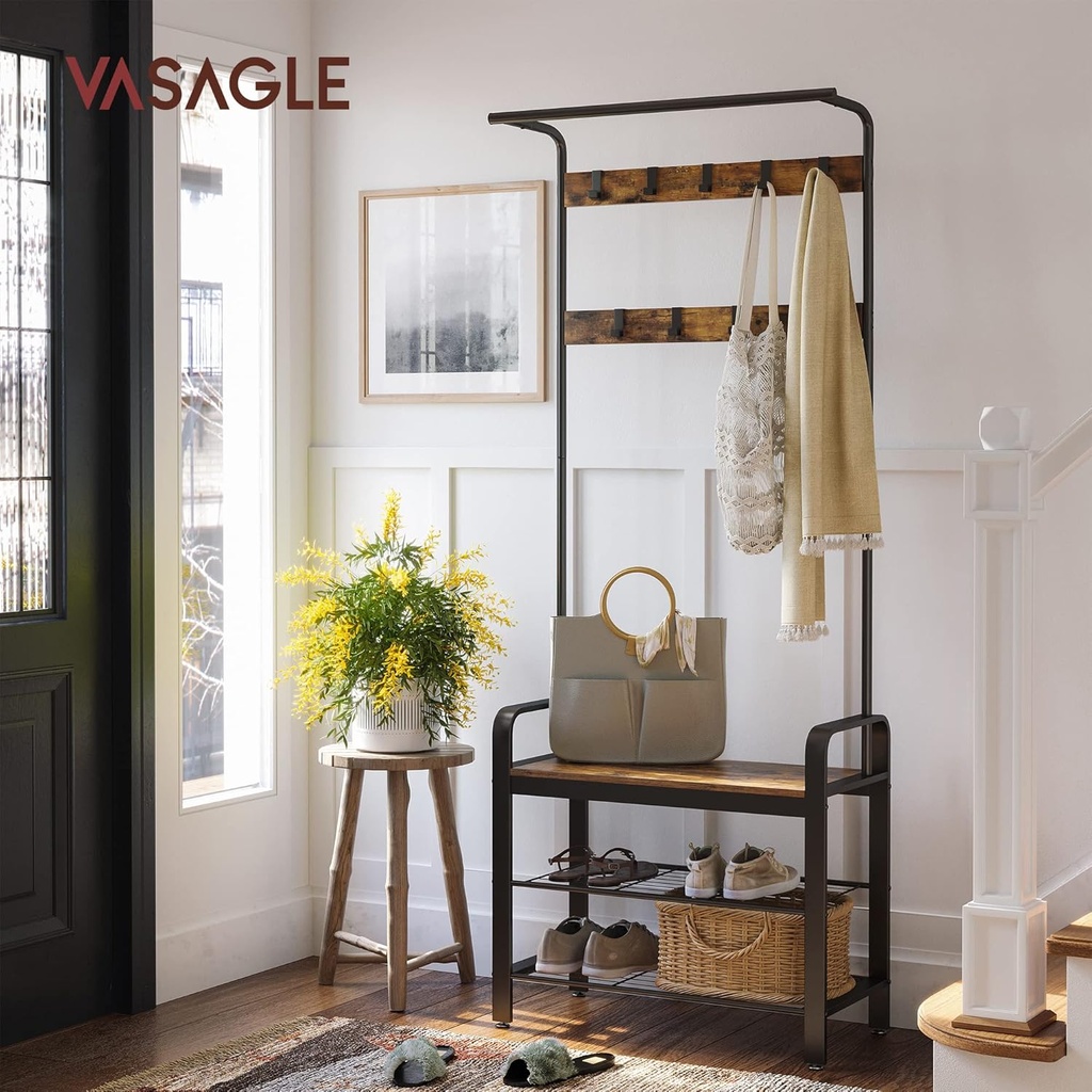 Vasagle Gardırop, Ayakkabı Tezgahı, 4'ü 1 arada tasarım, 9 Çıkarılabilir Kanca, 33.7 x 72 x 183 cm, Endüstriyel Tasarım, Vintage Kahverengi - Siyah HSR40BB