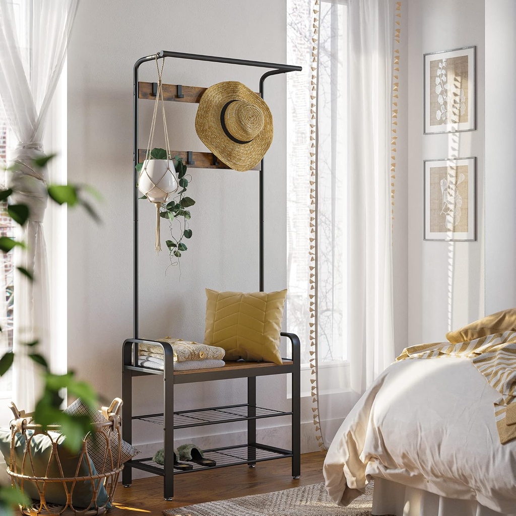 Vasagle Gardırop, Ayakkabı Tezgahı, 4'ü 1 arada tasarım, 9 Çıkarılabilir Kanca, 33.7 x 72 x 183 cm, Endüstriyel Tasarım, Vintage Kahverengi - Siyah HSR40BB