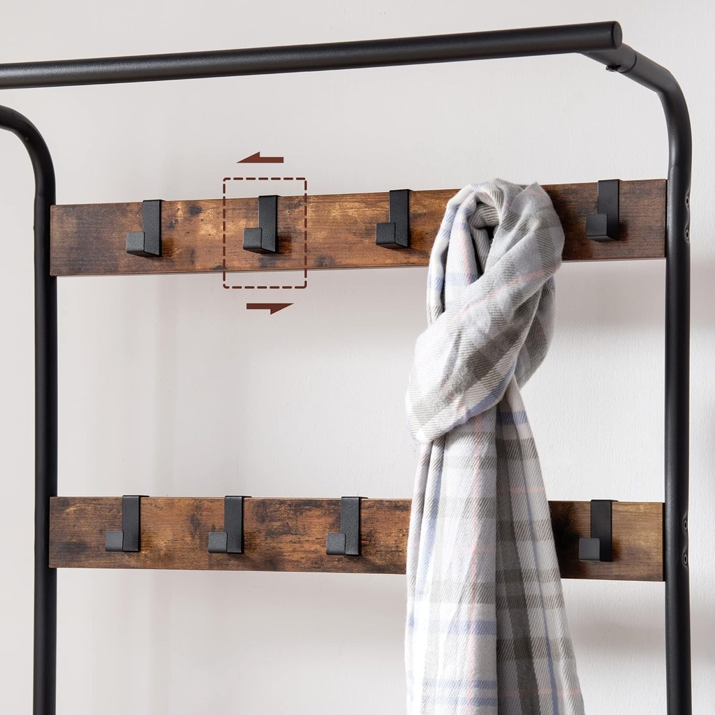 Vasagle Gardırop, Ayakkabı Tezgahı, 4'ü 1 arada tasarım, 9 Çıkarılabilir Kanca, 33.7 x 72 x 183 cm, Endüstriyel Tasarım, Vintage Kahverengi - Siyah HSR40BB
