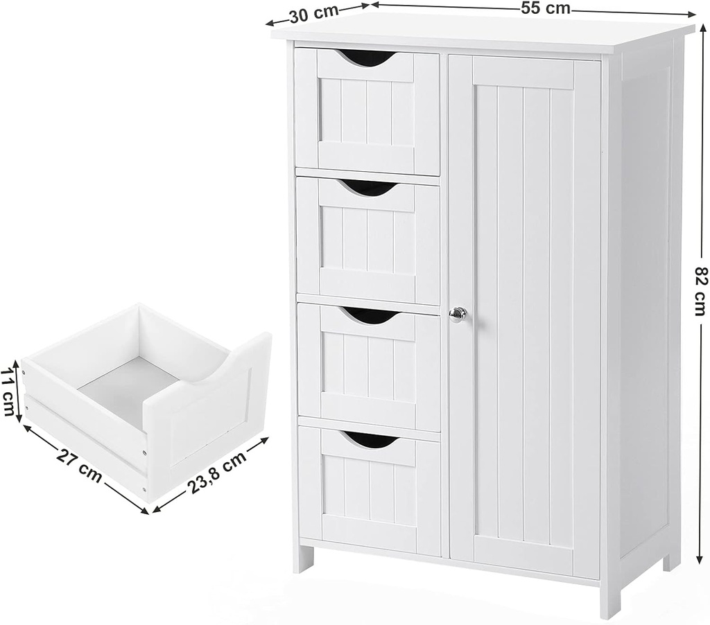 Vasagle Banyo Dolabı, Dar Banyo Dolabı, Yan Dolap, Çekmeceli Göğüs, 4 Çekmece, Dolap Kapısı, Ayarlanabilir Raf, Beyaz LHC41W