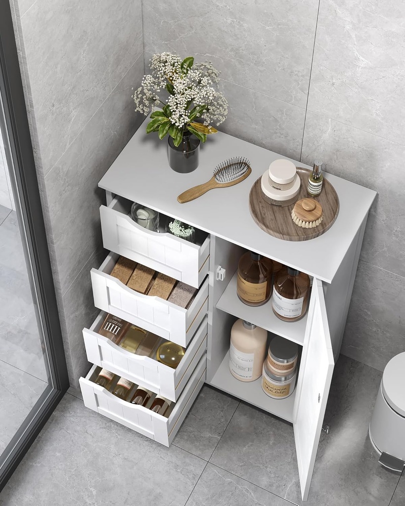 Vasagle Banyo Dolabı, Dar Banyo Dolabı, Yan Dolap, Çekmeceli Göğüs, 4 Çekmece, Dolap Kapısı, Ayarlanabilir Raf, Beyaz LHC41W