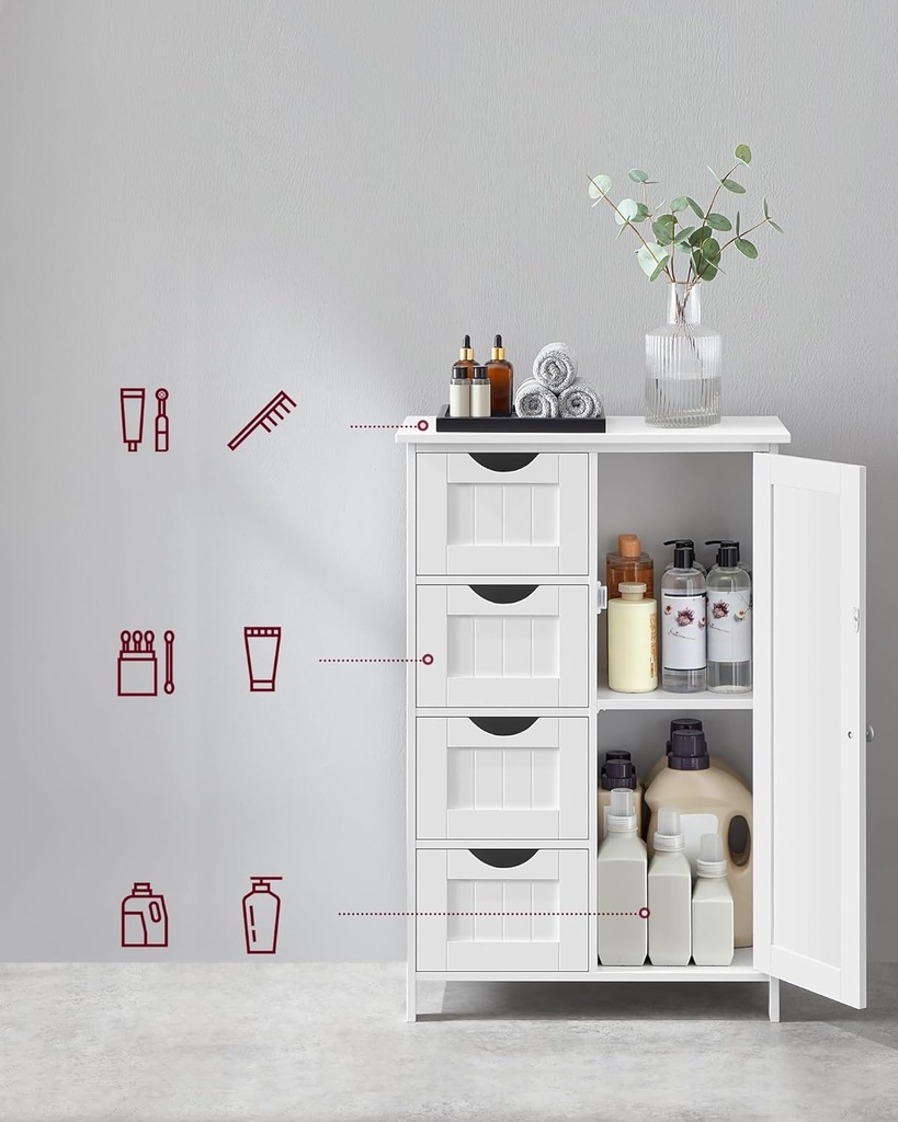 Vasagle Banyo Dolabı, Dar Banyo Dolabı, Yan Dolap, Çekmeceli Göğüs, 4 Çekmece, Dolap Kapısı, Ayarlanabilir Raf, Beyaz LHC41W