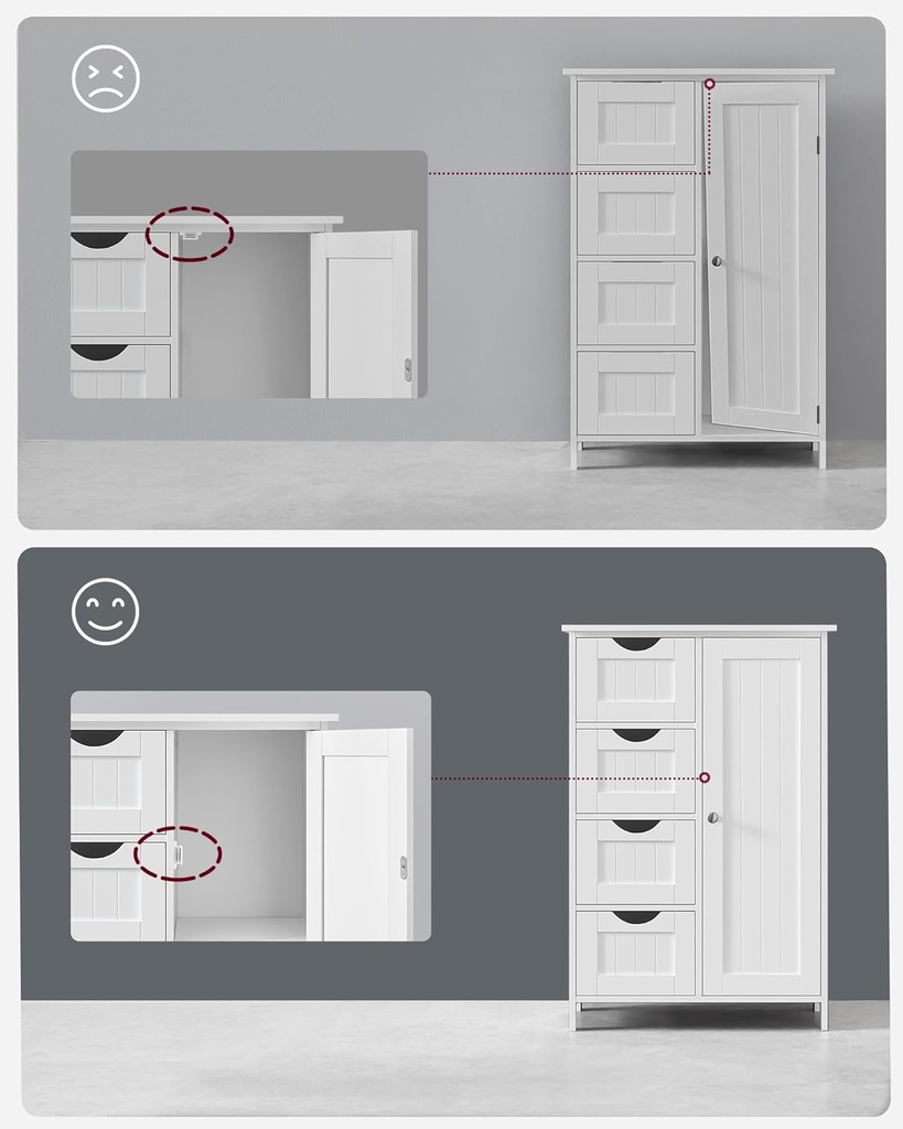 Vasagle Banyo Dolabı, Dar Banyo Dolabı, Yan Dolap, Çekmeceli Göğüs, 4 Çekmece, Dolap Kapısı, Ayarlanabilir Raf, Beyaz LHC41W