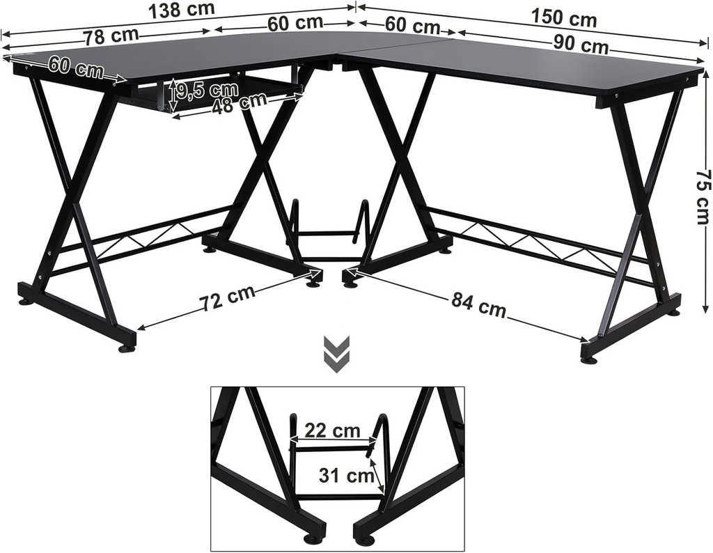 SONGMICS Lcd402B Ev, Ofis İçin Bilgisayar Masası, 150 x 138 x 75 cm, Siyah