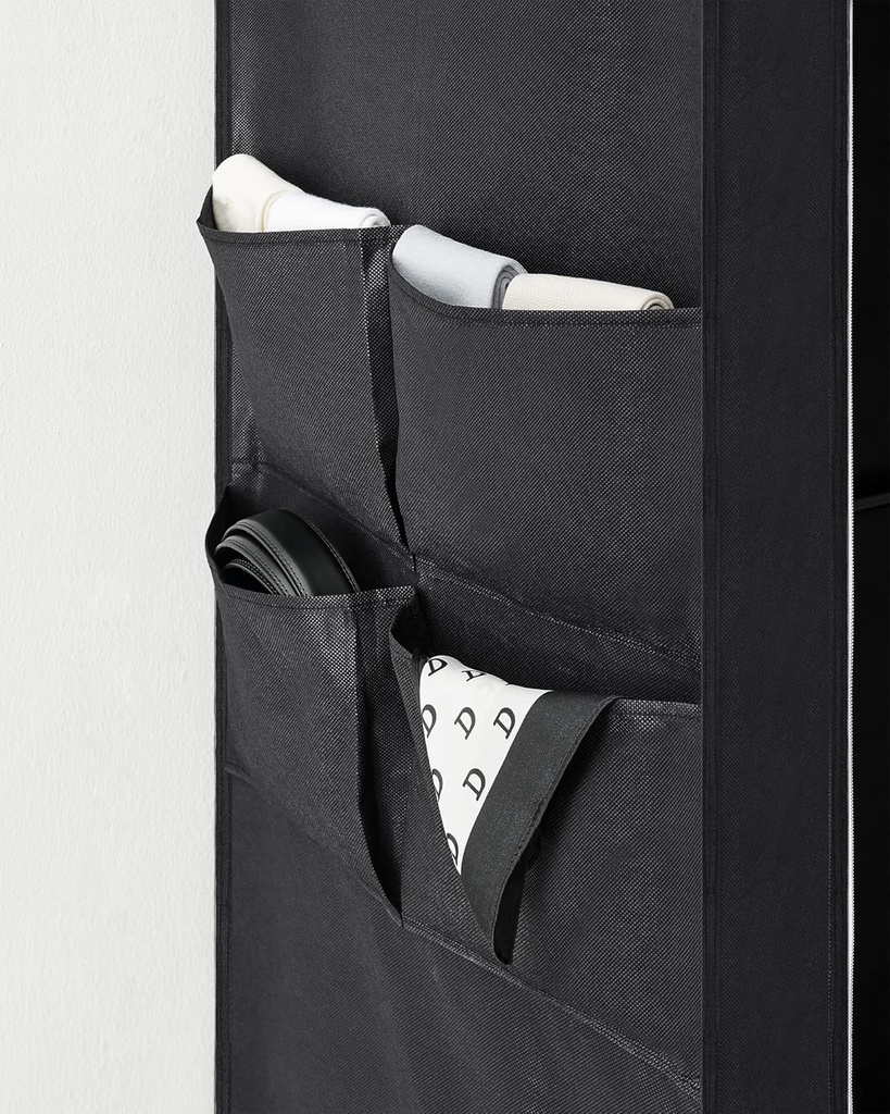 SONGMICS Kumaş Dolap, Elbise Dolabı, 45 x 170 x 167 cm, 4 Askılı Bölmeli, 4 Yan Cepli, Yatak Odası, Oturma Odası için Geniş Alan, Siyah RYG094B02