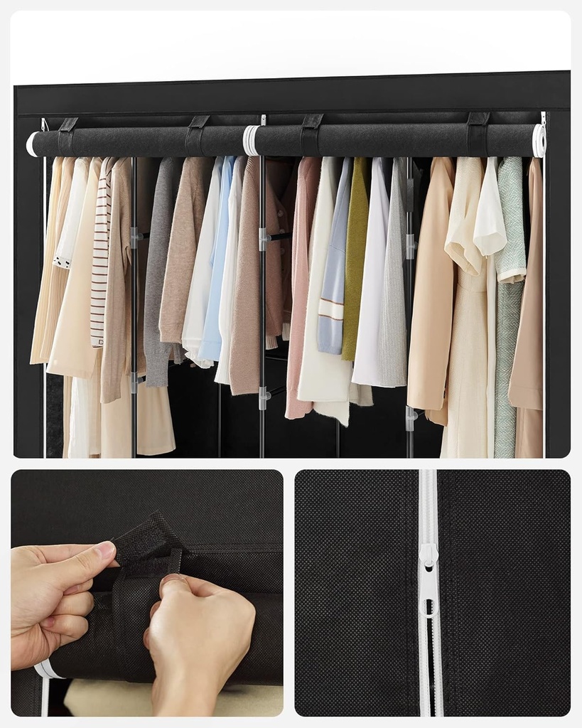 SONGMICS Kumaş Dolap, Elbise Dolabı, 45 x 170 x 167 cm, 4 Askılı Bölmeli, 4 Yan Cepli, Yatak Odası, Oturma Odası için Geniş Alan, Siyah RYG094B02
