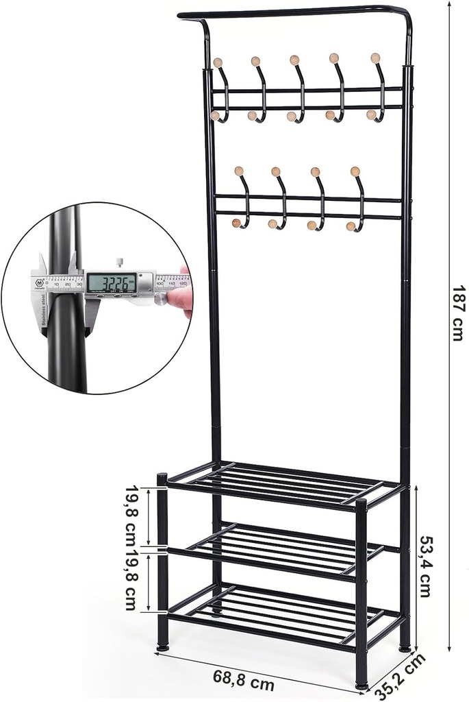 SONGMICS Hsr04W Gardırop, Elbise Standı, Boru Çapı 32 Mm, 3 Ayakkabı Raflı, 18 Metal Kancalı, Beyaz