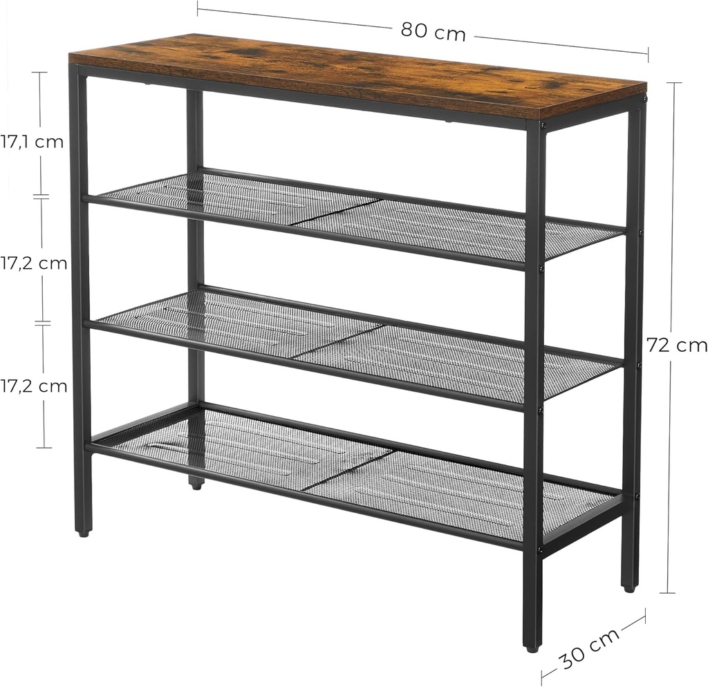 VASAGLE Ayakkabı Rafı, ayakkabı Rafı, 4 Izgaralı ve geniş yüzeyli cepler için, Giriş alanı, Koridor, metal, endüstriyel tasarım, 30 x 100 x 92,5 cm, Vintage Kahverengi-Siyah LBS15BX