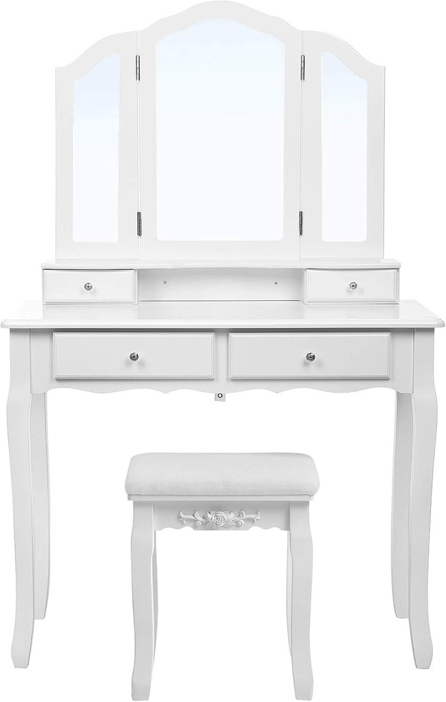 Songmics Çekmeceli ve Aynalı Makyaj Masası, Tabureli, Beyaz, RDT07W