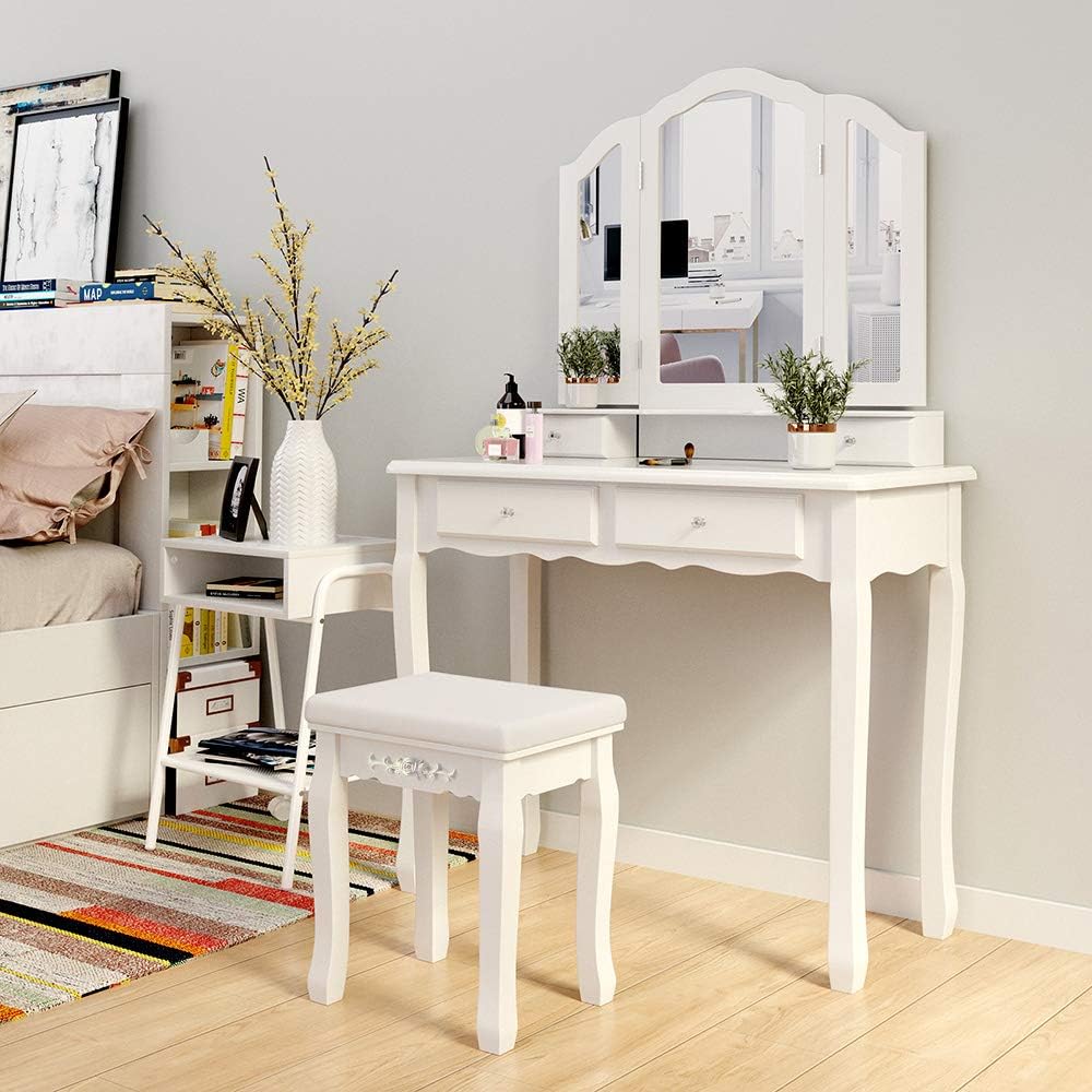 Songmics Çekmeceli ve Aynalı Makyaj Masası, Tabureli, Beyaz, RDT07W