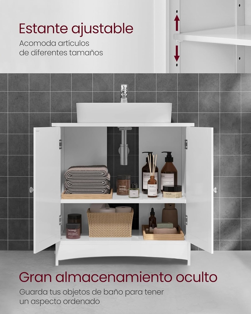 Vasagle 2 Kapılı Lavabo Dolabı, Banyo Dolabı, Ayarlanabilir Raflar, Bol Depolama Alanı, 60 X 30 X 60 Cm, Beyaz Bbc01Wt