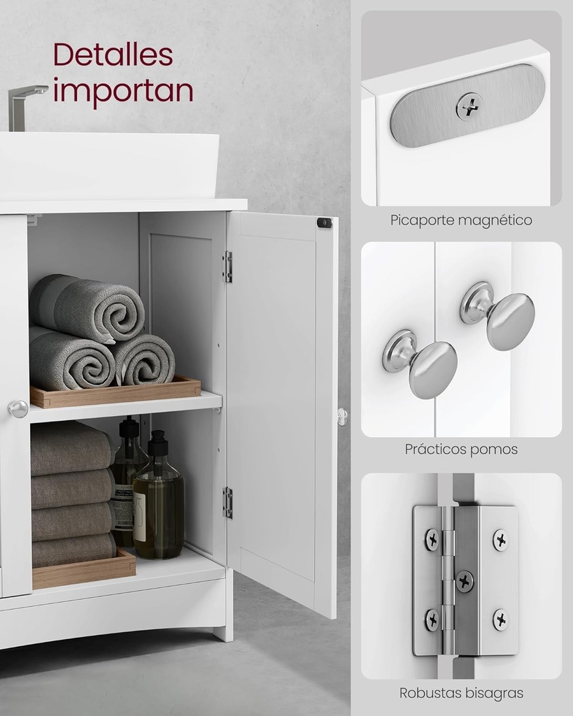 Vasagle 2 Kapılı Lavabo Dolabı, Banyo Dolabı, Ayarlanabilir Raflar, Bol Depolama Alanı, 60 X 30 X 60 Cm, Beyaz Bbc01Wt