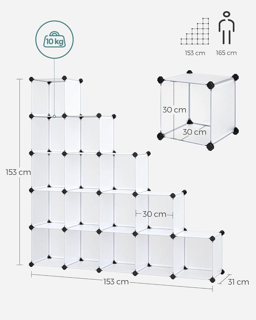 Songmics Ayakkabı Rafı 15 Küp, Plastik Raf, 153 x 31 x 153 cm, Beyaz LPC44L
