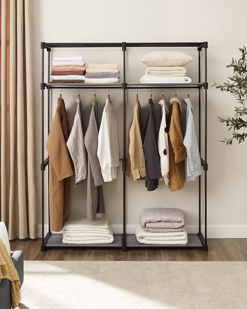 SONGMICS RYG02GY elbise dolabı, 2 elbise askılı gardırop, kıyafet muhafazası, kumaş dolap, elbise askısı, katlanabilir, giyinme odası, yatak odası, 43 x 140 x 174 cm, gri