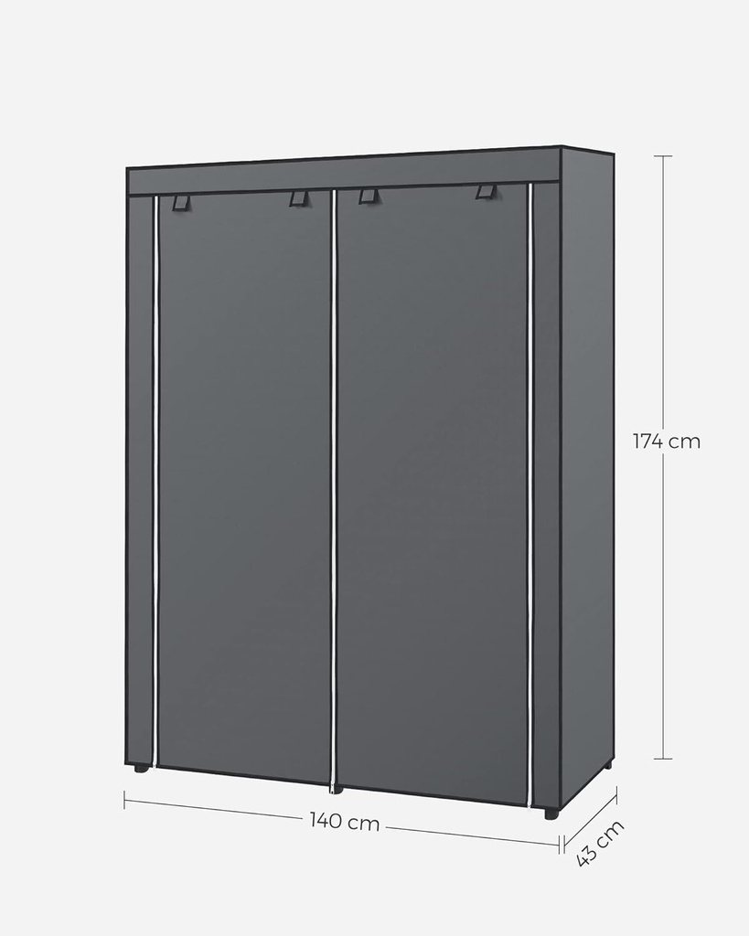 SONGMICS RYG02GY elbise dolabı, 2 elbise askılı gardırop, kıyafet muhafazası, kumaş dolap, elbise askısı, katlanabilir, giyinme odası, yatak odası, 43 x 140 x 174 cm, gri
