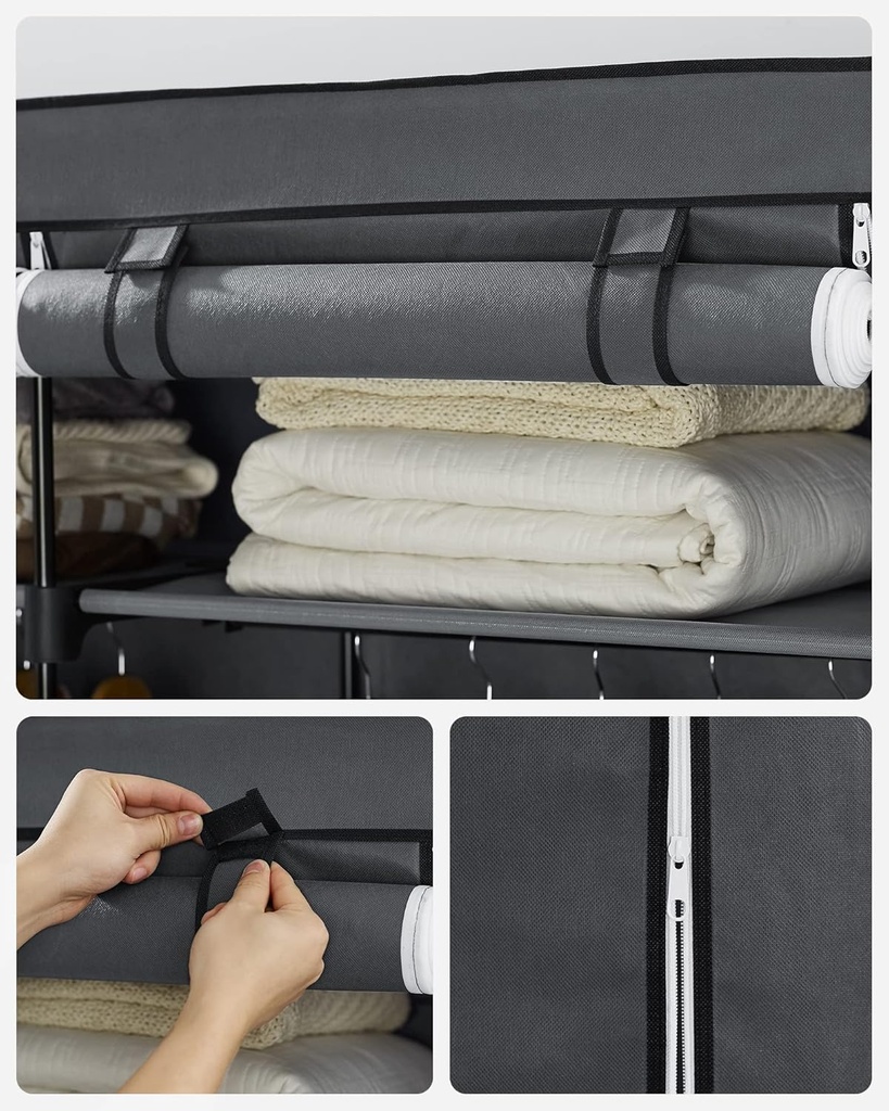 SONGMICS RYG02GY elbise dolabı, 2 elbise askılı gardırop, kıyafet muhafazası, kumaş dolap, elbise askısı, katlanabilir, giyinme odası, yatak odası, 43 x 140 x 174 cm, gri