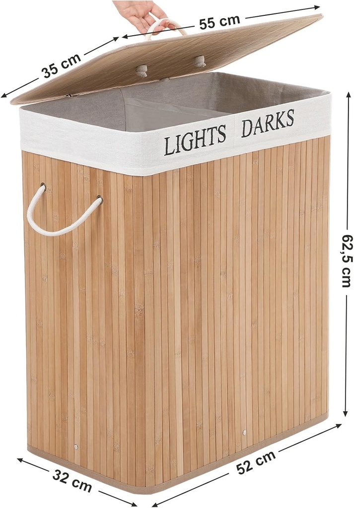 SONGMICS Bambu Çamaşır Sepeti, 100 L Çamaşır Ayırıcı, 2 Bölmeli, Çıkarılabilir Çamaşır Torbalı Katlanabilir Çamaşır Sepeti, Dikdörtgen Çamaşır Kutusu, 52 X 63 X 32 Cm, Doğal Renk, Lcb64Y