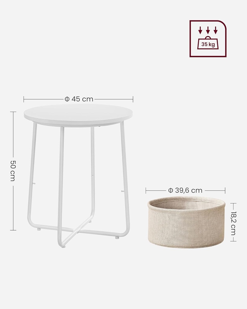 VASAGLE Yuvarlak sehpa, küçük masa, sehpa küçük, kumaş sepetli oturma odası masası, oturma odası, yatak odası için depolama alanı, modern komodin, beyaz-bej LET223W10