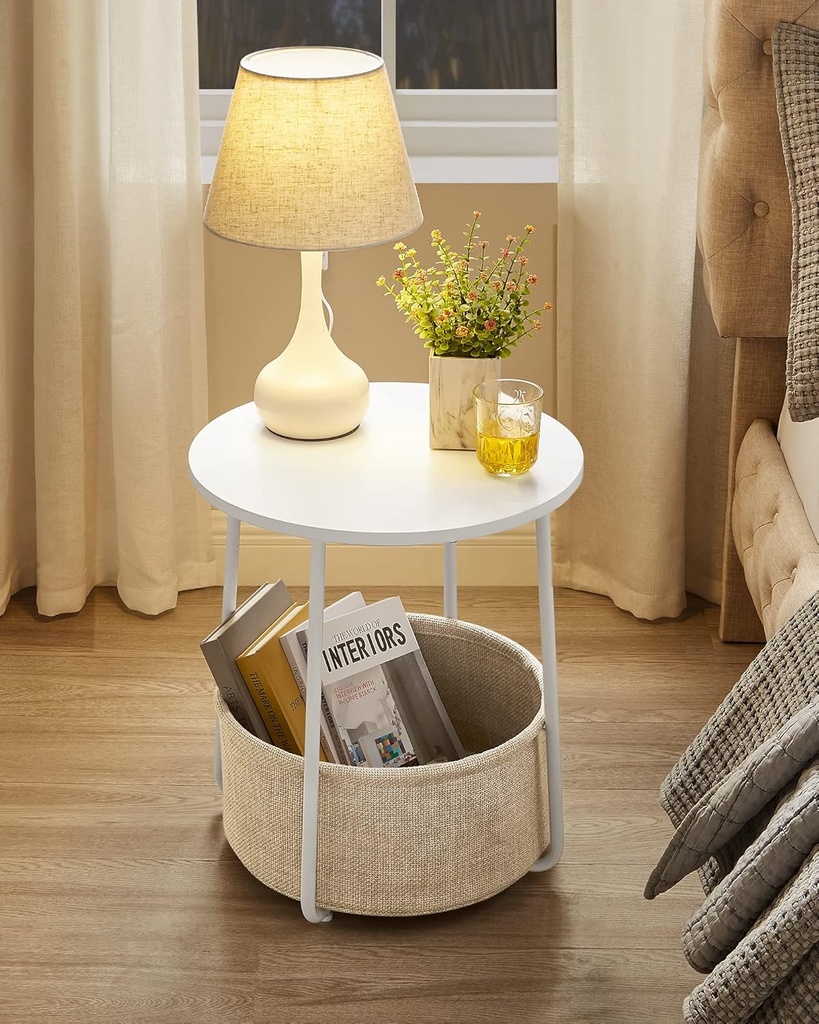 VASAGLE Yuvarlak sehpa, küçük masa, sehpa küçük, kumaş sepetli oturma odası masası, oturma odası, yatak odası için depolama alanı, modern komodin, beyaz-bej LET223W10