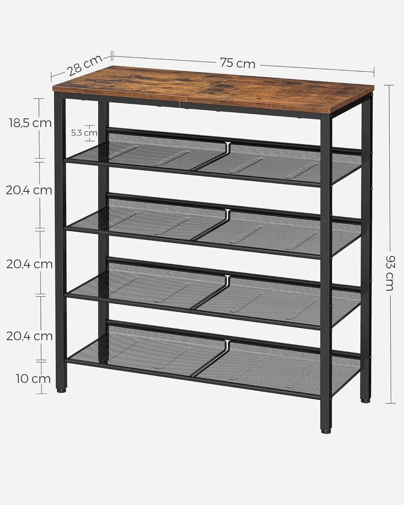 VASAGLE Ayakkabı Rafı 5 Katlı Ayakkabı Dolabı Açık Ayakkabı Rafı Ayakkabı Rafı 75 x 28 x 93 cm Çantalar için Büyük Yüzey Giriş Koridoru Metal Endüstriyel Tasarım Vintage Kahverengi Siyah LBS038B01