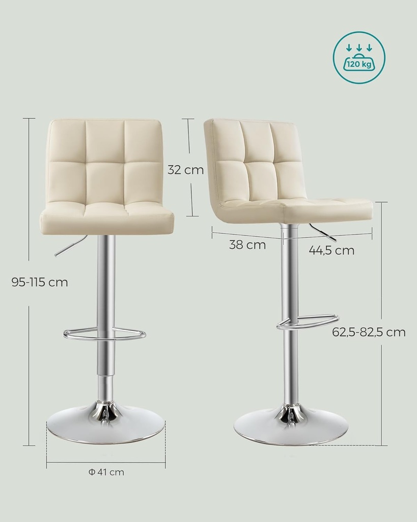 SONGMICS LJB064K03 Bar Tabureleri 2'li Set, PU Kapaklı Yüksekliği Ayarlanabilir Bar Sandalyesi, 360° Döner Sandalye, Arkalıklı ve Ayaklıklı Mutfak Sandalyeleri, Yemek Odası, Tezgah, Çelik, Kum Beji