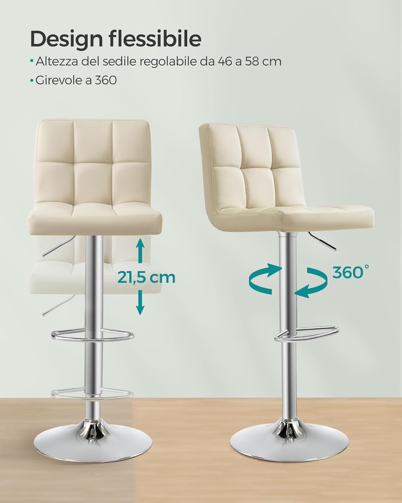 SONGMICS LJB064K03 Bar Tabureleri 2'li Set, PU Kapaklı Yüksekliği Ayarlanabilir Bar Sandalyesi, 360° Döner Sandalye, Arkalıklı ve Ayaklıklı Mutfak Sandalyeleri, Yemek Odası, Tezgah, Çelik, Kum Beji