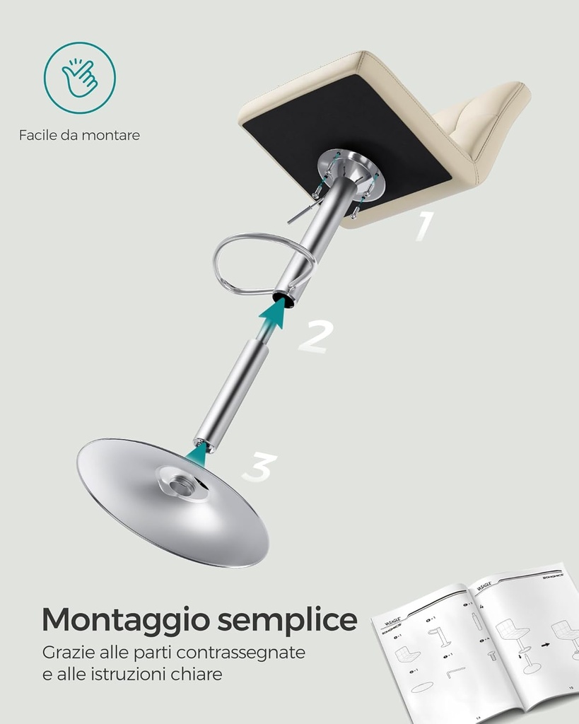 SONGMICS LJB064K03 Bar Tabureleri 2'li Set, PU Kapaklı Yüksekliği Ayarlanabilir Bar Sandalyesi, 360° Döner Sandalye, Arkalıklı ve Ayaklıklı Mutfak Sandalyeleri, Yemek Odası, Tezgah, Çelik, Kum Beji