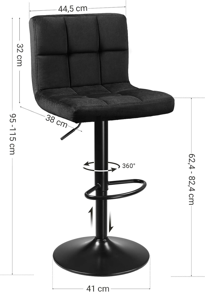 SONGMICS 2Li Set Kadife Bar Tabureleri, Yüksekliği Ayarlanabilir Döner Tabureler, Mutfak Sandalyeleri, Sırtlık ve Ayaklık, Metal Koyu Gri Ljb014G01