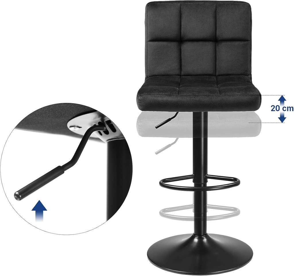 SONGMICS 2Li Set Kadife Bar Tabureleri, Yüksekliği Ayarlanabilir Döner Tabureler, Mutfak Sandalyeleri, Sırtlık ve Ayaklık, Metal Koyu Gri Ljb014G01