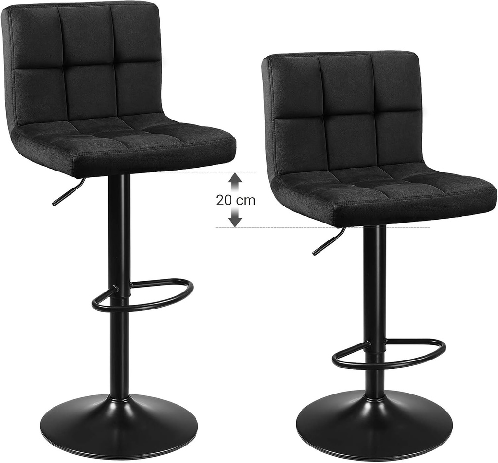 SONGMICS 2Li Set Kadife Bar Tabureleri, Yüksekliği Ayarlanabilir Döner Tabureler, Mutfak Sandalyeleri, Sırtlık ve Ayaklık, Metal Koyu Gri Ljb014G01