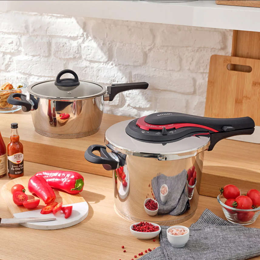 Emsan Up-line Kırmızı Klasik Paslanmaz Çelik Düdüklü Tencere Seti 4+6 Litre