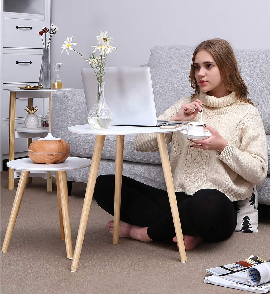 SONGMICS Yan Sehpa Seti, Yuvarlak, 2 Modern Kanepe Sehpası, Minimalist, Iskandinav Tarzı, Masif Ahşap Ayaklar, Oturma Odası ve Balkon İçin Sehpa Kombinasyonu, Çam Let07Wn
