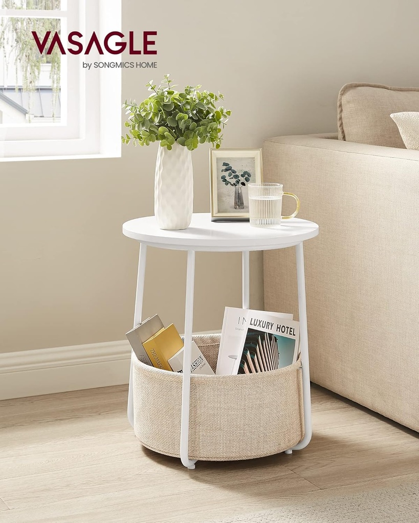 VASAGLE Yuvarlak sehpa, küçük masa, sehpa küçük, kumaş sepetli oturma odası masası, oturma odası, yatak odası için depolama alanı, modern komodin, beyaz-bej LET223W10