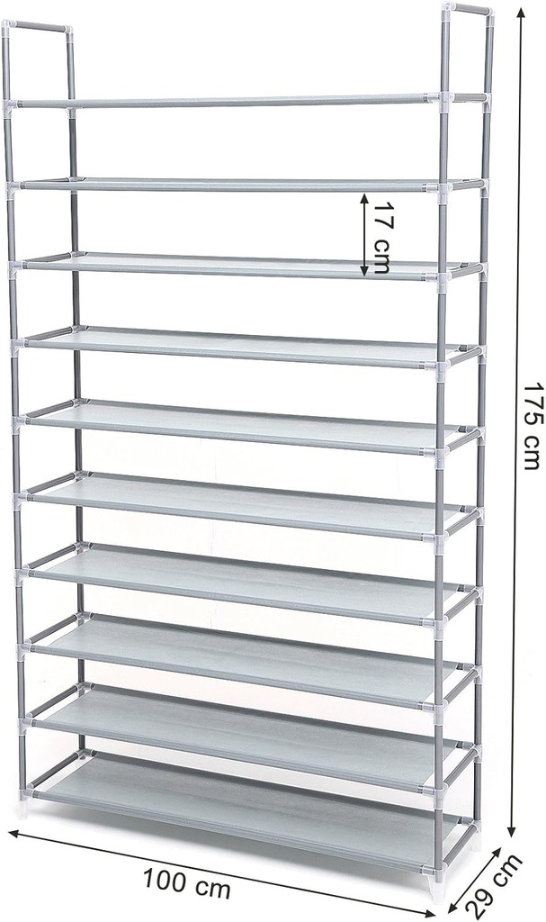Songmics 10 Katlı Ayakkabı Rafı, 100x29x175 CM, Gri, LSR10G