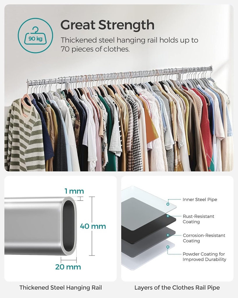 SONGMICS tekerlekli elbise askısı, ağır hizmet tipi elbise askısı, uzatılabilir elbise askılı, 90 kg yük kapasitesi, kolay montaj, taşınabilir, gümüş HSR13S