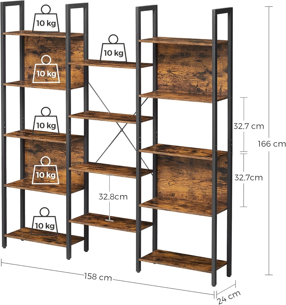 VASAGLE Kitaplık, 14 Raflı Ayaklı Raf, Metal Çerçeveli Raf, Oturma Odası, Çalışma Odası, Ofis için, Endüstriyel Tasarım, 24 x 158 x 166 cm, Vintage Kahverengi-Mürekkep Siyahı LLS107B01