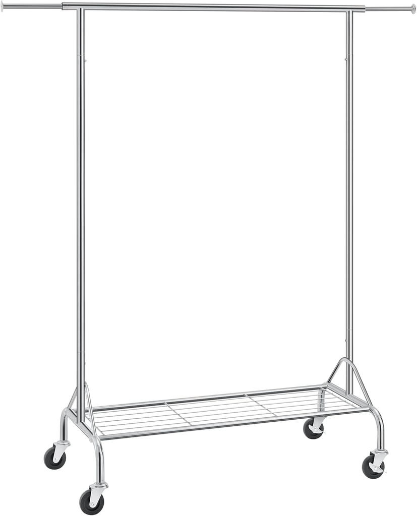 SONGMICS Metal Elbise Askısı, Ayakkabı Raflı, Tekerlekli, Ağır Yükler Taşıyabilir, 50 Kg Taşıma Kapasiteli, Uzunluk 110,5-150,5 cm, Krom Kaplama Hsr02S