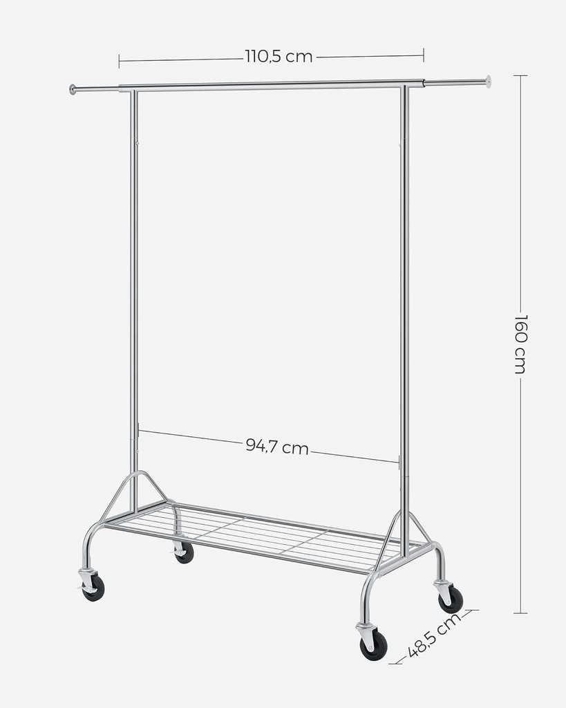 SONGMICS Metal Elbise Askısı, Ayakkabı Raflı, Tekerlekli, Ağır Yükler Taşıyabilir, 50 Kg Taşıma Kapasiteli, Uzunluk 110,5-150,5 cm, Krom Kaplama Hsr02S