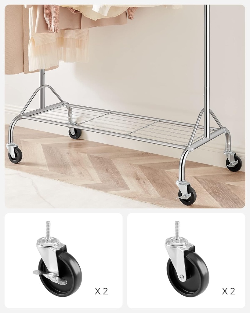 SONGMICS Metal Elbise Askısı, Ayakkabı Raflı, Tekerlekli, Ağır Yükler Taşıyabilir, 50 Kg Taşıma Kapasiteli, Uzunluk 110,5-150,5 cm, Krom Kaplama Hsr02S