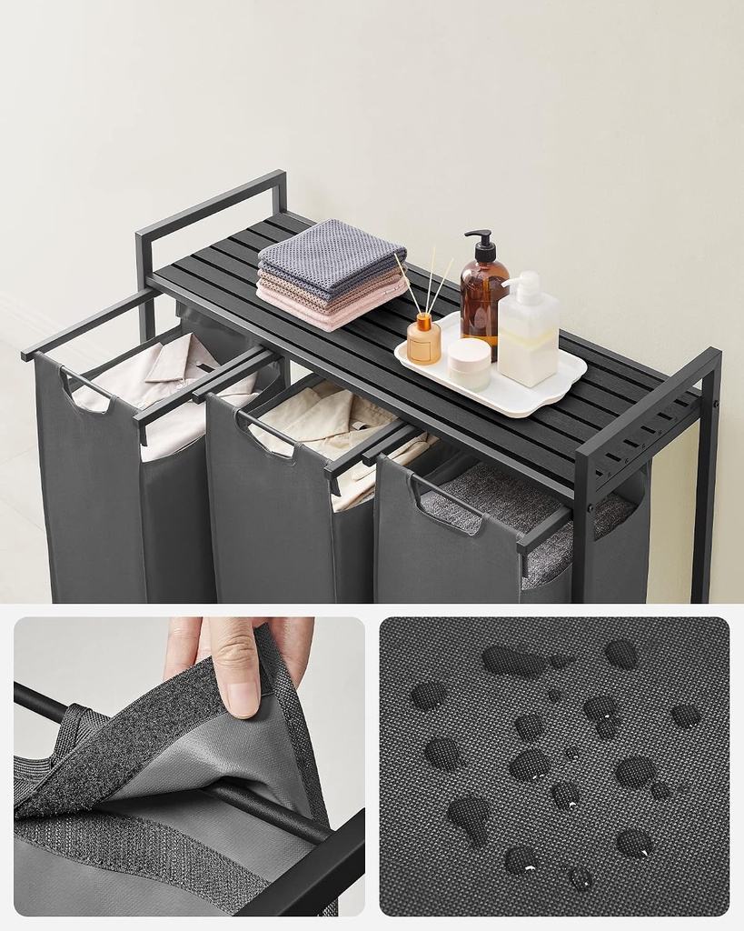 VASAGLE Çamaşır Sepeti 3 Bölmeli, Raflı Çamaşır Sepeti, Çamaşır Kutusu, Oxford Kumaştan Çekilebilir Çamaşır Torbası Çıkarılabilir, Metal Çerçeve, 3 x 38 L, 92,5 x 33 x 72 cm, Siyah-Gri BLH301G01