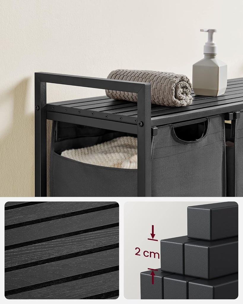 VASAGLE Çamaşır Sepeti 3 Bölmeli, Raflı Çamaşır Sepeti, Çamaşır Kutusu, Oxford Kumaştan Çekilebilir Çamaşır Torbası Çıkarılabilir, Metal Çerçeve, 3 x 38 L, 92,5 x 33 x 72 cm, Siyah-Gri BLH301G01