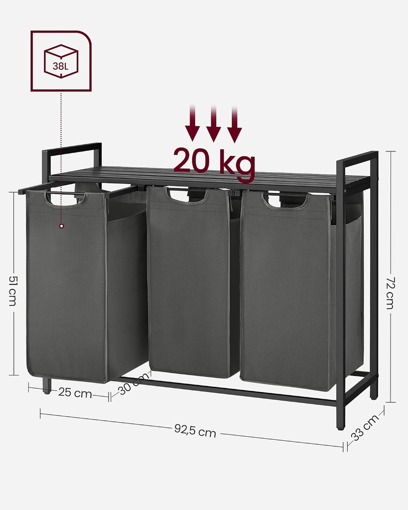 VASAGLE Çamaşır Sepeti 3 Bölmeli, Raflı Çamaşır Sepeti, Çamaşır Kutusu, Oxford Kumaştan Çekilebilir Çamaşır Torbası Çıkarılabilir, Metal Çerçeve, 3 x 38 L, 92,5 x 33 x 72 cm, Siyah-Gri BLH301G01