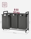 VASAGLE Çamaşır Sepeti 3 Bölmeli, Raflı Çamaşır Sepeti, Çamaşır Kutusu, Oxford Kumaştan Çekilebilir Çamaşır Torbası Çıkarılabilir, Metal Çerçeve, 3 x 38 L, 92,5 x 33 x 72 cm, Siyah-Gri BLH301G01