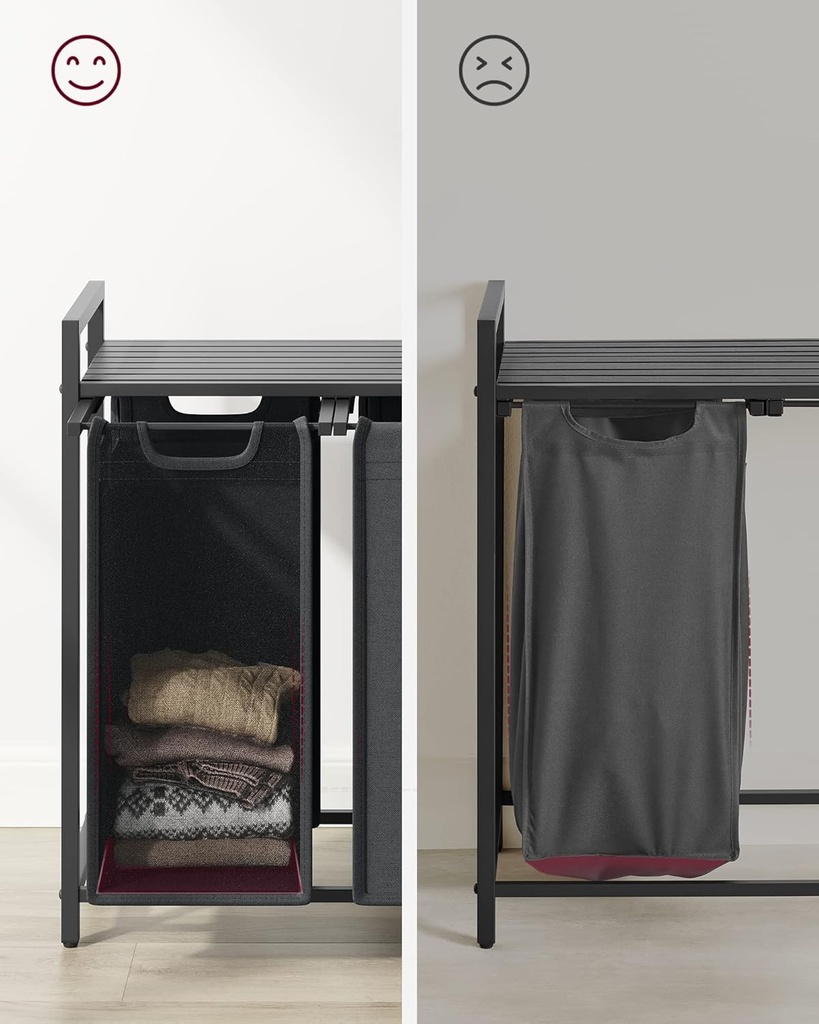 VASAGLE Çamaşır Sepeti 3 Bölmeli, Raflı Çamaşır Sepeti, Çamaşır Kutusu, Oxford Kumaştan Çekilebilir Çamaşır Torbası Çıkarılabilir, Metal Çerçeve, 3 x 38 L, 92,5 x 33 x 72 cm, Siyah-Gri BLH301G01