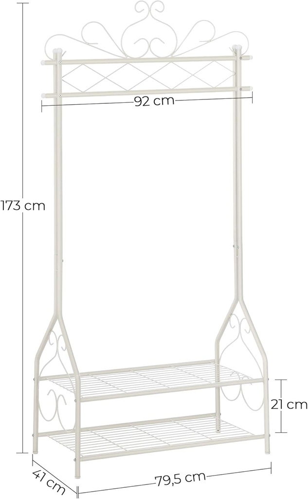 SONGMICS Klasik Tarzda Elbise Askısı, Elbise Çubuklu ve 2 Metal Raflı, 92 x 173 x 41 cm (G x Y x D), Krem Beyaz, Hsr07W