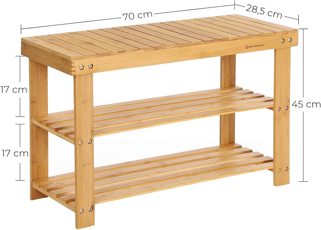 SONGMICS Ayakkabı Rafı, Ayakkabı Dolabı, Oturma Banklı, Bambu, 3 Raf Zeminli, 70 x 28 x 45 cm, Koridor, Banyo, Oturma Odası ve Antre İçin Ideal Lbs04N