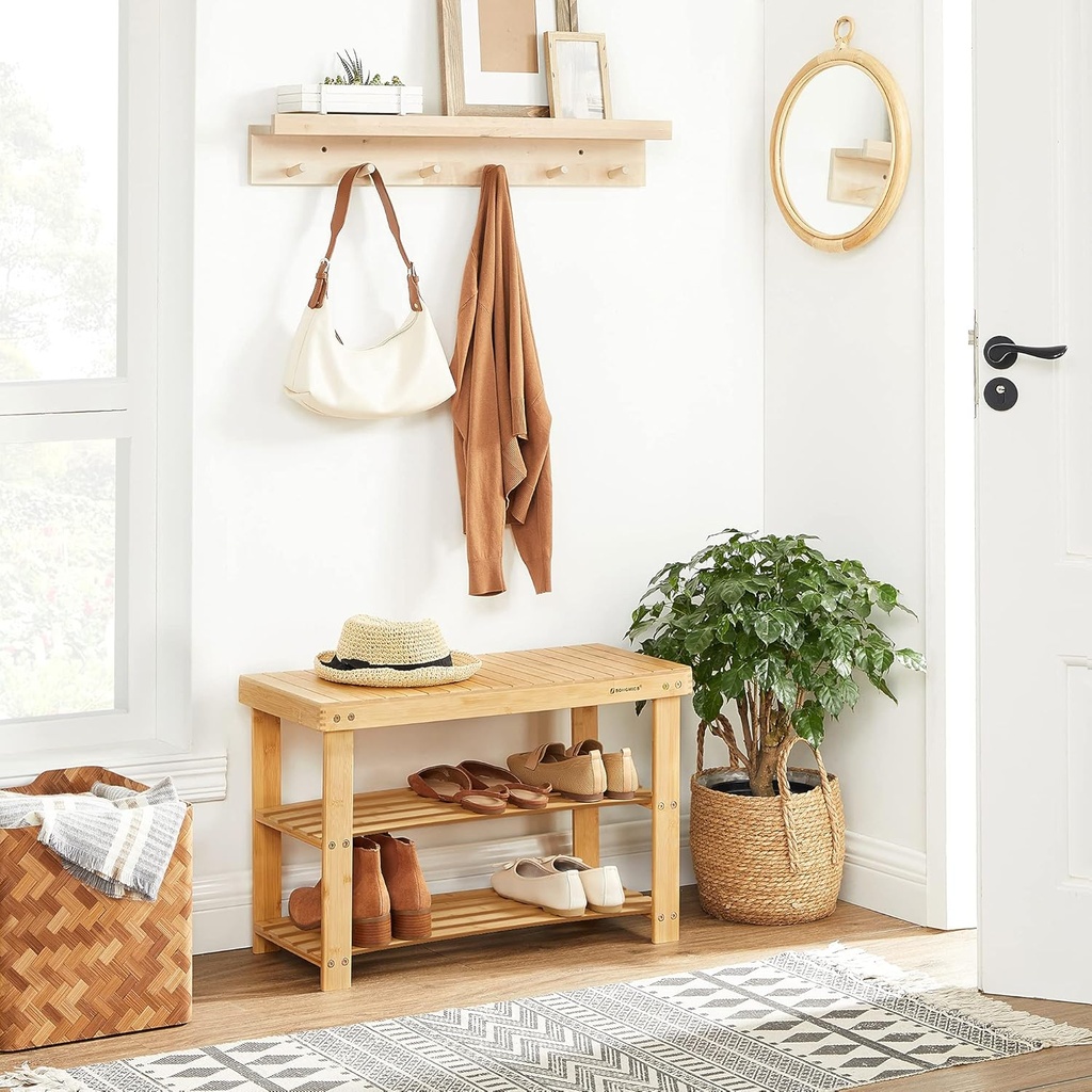 SONGMICS Ayakkabı Rafı, Ayakkabı Dolabı, Oturma Banklı, Bambu, 3 Raf Zeminli, 70 x 28 x 45 cm, Koridor, Banyo, Oturma Odası ve Antre İçin Ideal Lbs04N