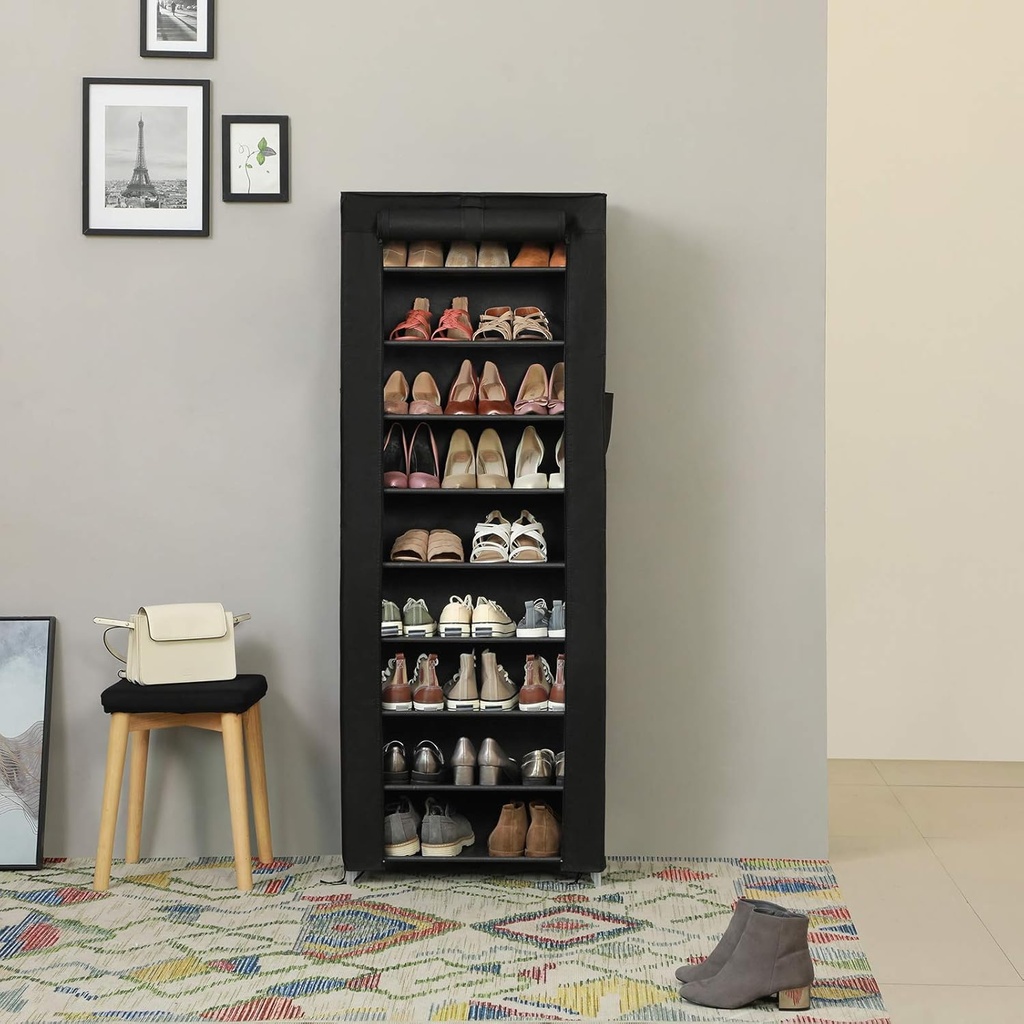 SONGMICS Toz Geçirmez Örtülü 10 Katlı Metal Ayakkabı Rafı, Siyah, RXJ10H